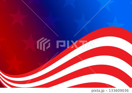 Flat design wavy red-white stripes are flowing across red to blue gradient with star silhouettes 133609036
