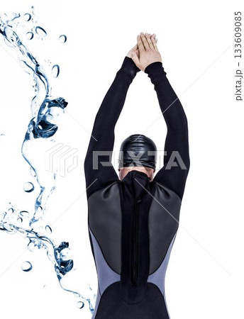 Rear view of swimmer by digitally generated water Rear view of swimmer by digitally generated water 133609085