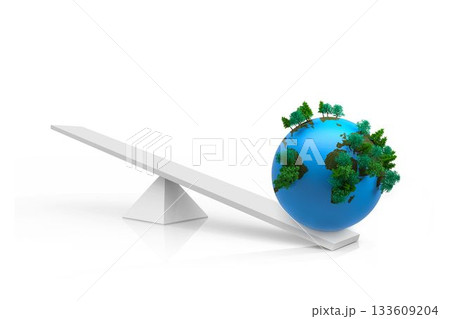 Earth globe with green tree clusters is balancing on white beam in 3D design, copy space 133609204