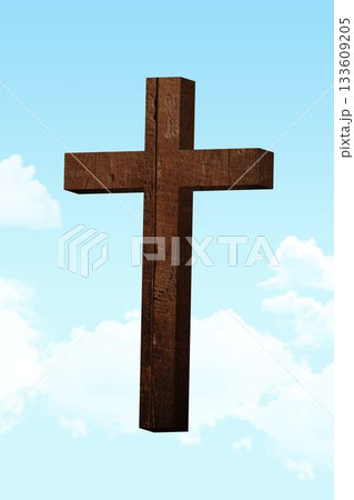 3D render is showing rugged wooden cross floating against pale blue sky with scattered white clouds 133609205