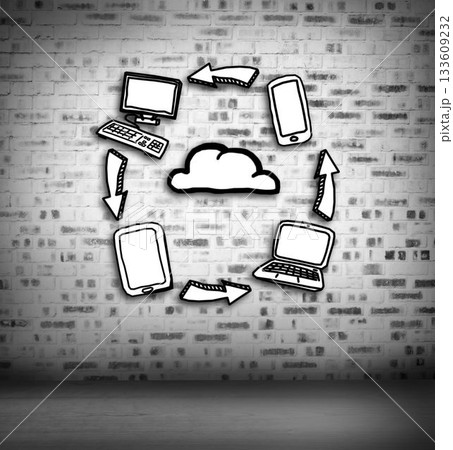 Cloud icon is being shown hand-drawn over exposed brick wall with arrows linking computer devices 133609232