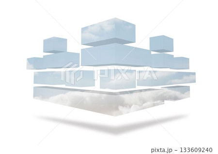 3D sky-textured prisms are forming abstract floating cube structure in white void, copy space 133609240