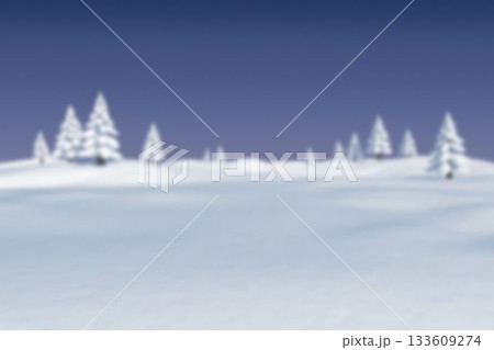 Winter twilight landscape is unfolding in flat design, with snow-covered evergreen trees 133609274
