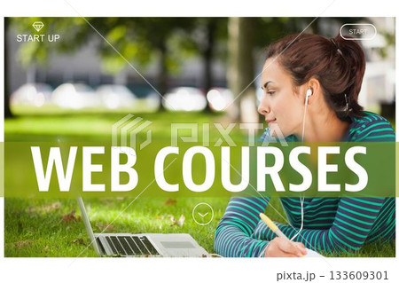 Woman is studying web courses on laptop while writing notes on grass in flat design illustration Woman is studying web courses on laptop while writing notes on grass in flat design illustration 133609301