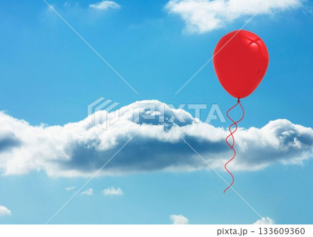 Flat design red balloon with curly ribbon is floating in bright blue sky with white clouds Flat design red balloon with curly ribbon is floating in bright blue sky with white clouds 133609360