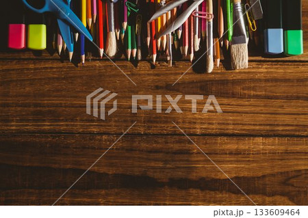 High angle view of color pencils on table 133609464