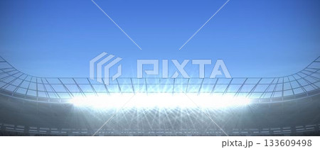 Floodlight array is illuminating curved stadium roof under clear sky in flat design illustration Floodlight array is illuminating curved stadium roof under clear sky in flat design illustration 133609498
