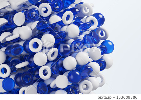 Blue and white geometric 3d shapes on abstract background. Many glass and plastic ball, orb, globe, half sphere and circle ring. Futuristic technology banner with dynamic figures. 3D illustration 133609586