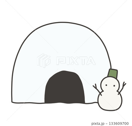 かまくらと雪だるま（緑帽子）のイラスト 133609700