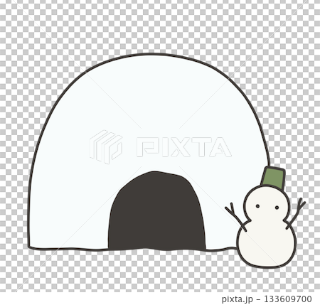 かまくらと雪だるま（緑帽子）のイラスト 133609700