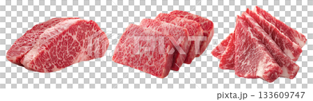 Set of fresh raw meat cuts, thick-cut A5 wagyu beef, isolated on transparent background. Fresh meat for cooking, food preparation, and advertisement. Set of fresh raw meat cuts, thick-cut A5 wagyu beef, isolated on transparent background. Fresh meat for cooking, food preparation, and advertisement. 133609747
