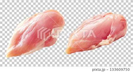Set of fresh raw meat cuts, chicken breast, isolated on transparent background. Fresh meat for cooking, food preparation, and advertisement. 133609750