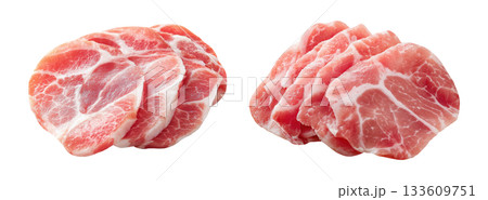 Set of fresh raw meat cuts, sliced pork collar, isolated on transparent background. Fresh meat for cooking, food preparation, and advertisement. 133609751