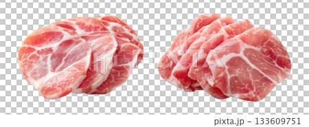 Set of fresh raw meat cuts, sliced pork collar, isolated on transparent background. Fresh meat for cooking, food preparation, and advertisement. 133609751