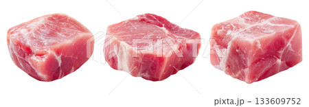 Set of fresh raw meat cuts, pork cube, isolated on transparent background. Fresh meat for cooking, food preparation, and advertisement. 133609752