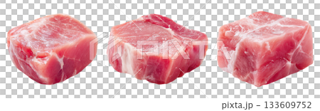Set of fresh raw meat cuts, pork cube, isolated on transparent background. Fresh meat for cooking, food preparation, and advertisement. 133609752