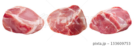 Set of fresh raw meat cuts, pork hip block, isolated on transparent background. Fresh meat for cooking, food preparation, and advertisement. 133609753