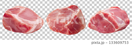 Set of fresh raw meat cuts, pork hip block, isolated on transparent background. Fresh meat for cooking, food preparation, and advertisement. 133609753