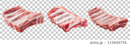 Set of fresh raw meat cuts, pork ribs, isolated on transparent background. Fresh meat for cooking, food preparation, and advertisement. Set of fresh raw meat cuts, pork ribs, isolated on transparent background. Fresh meat for cooking, food preparation, and advertisement. 133609756