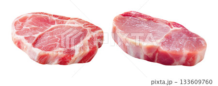 Set of fresh raw meat cuts, thin sliced pork sirloin, isolated on transparent background. Fresh meat for cooking, food preparation, and advertisement. 133609760