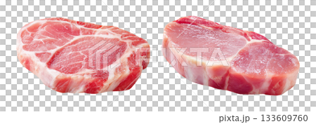 Set of fresh raw meat cuts, thin sliced pork sirloin, isolated on transparent background. Fresh meat for cooking, food preparation, and advertisement. Set of fresh raw meat cuts, thin sliced pork sirloin, isolated on transparent background. Fresh meat for cooking, food preparation, and advertisement. 133609760