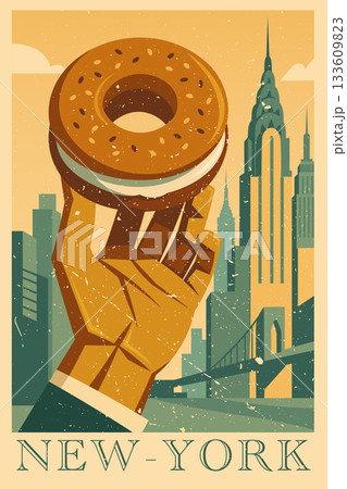 Midcentury poster of a raised hand holding a classic New York bagel 133609823