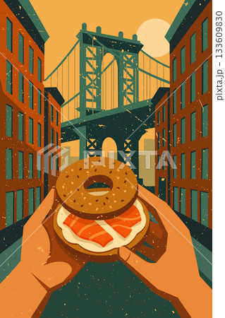 Vintage New York street view with hands holding a classic salmon bagel 133609830