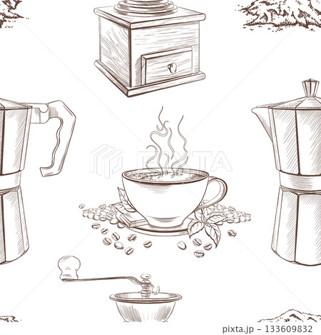 Seamless pattern for coffee shop geyser coffee maker,handmade wood coffee grinder for crushing ccoffee beans,handful of ground coffee,cup of hot coffee on saucer with mint leaves and chocolate bar 133609832
