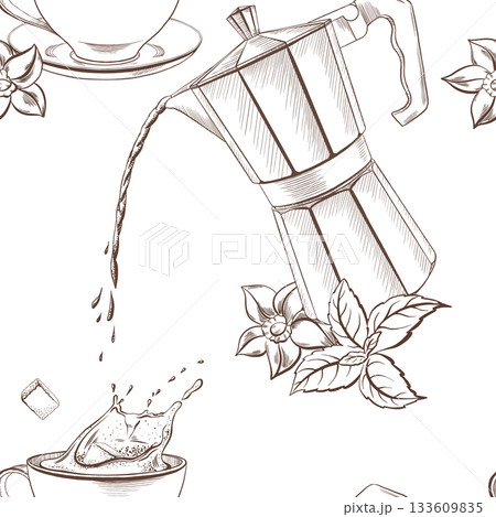 Coffee shop seamless pattern of metal geyser coffee maker with a stream of hot aromatic coffee with mint leaves and vanilla flower,coffee cup with splashing liquid as a sugar cube drops inside 133609835