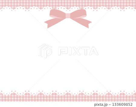 リボンがついたかわいいレース風フレームのベクターイラスト。ギンガムチェック、枠、ナチュラル 133609852