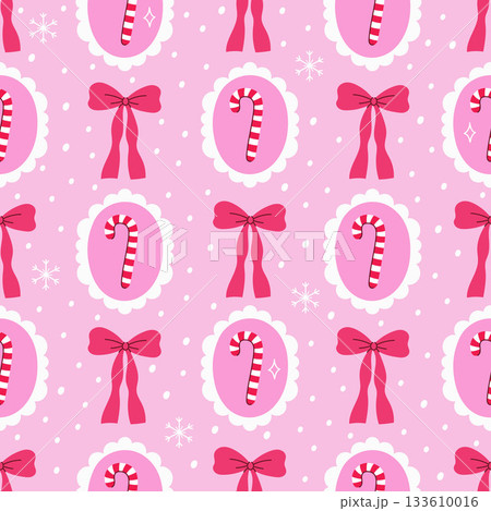 Seamless pattern with lollipop canes and bows. Vector graphics. 133610016
