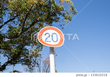 青空と緑のコントラストが美しい20km制限の道路標識 133610318