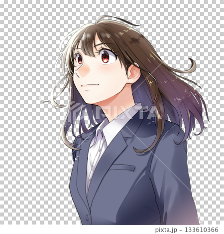 一位正在求職的女學生/OL抬頭仰望的插圖[藏藍色套裝，無背景] 133610366