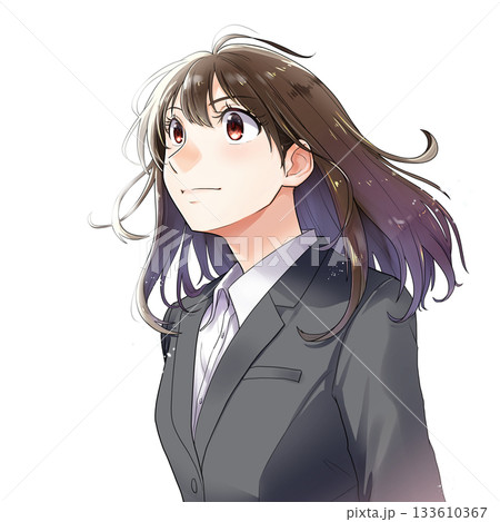 上を見上げる女性就活生・OLのイラスト【グレースーツ・背景なし】 133610367