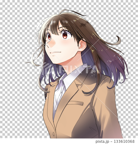 一位正在求職的女學生/OL抬頭仰望的插圖[赭色套裝，無背景] 133610368
