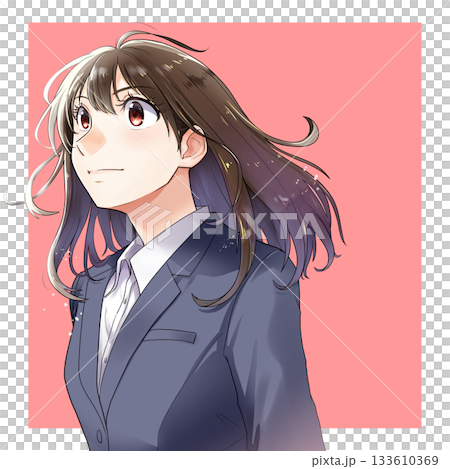 Illustration of a female job-hunting student/OL looking up [navy blue suit, pink background] 133610369