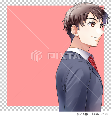 右向き斜め後ろ姿の男子学生・就活生・男性社会人のイラスト【ピンク枠にスペースあり】 133610370