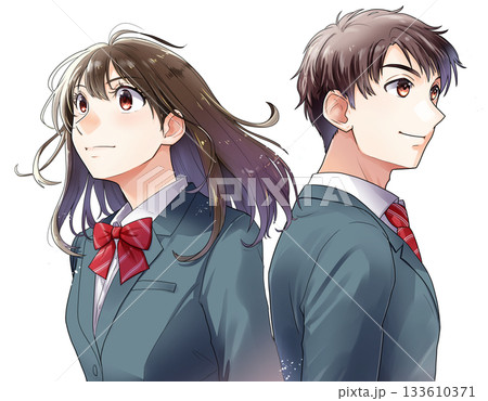 緑色の制服ブレザー・背中合わせの男女の学生のイラスト【背景なし】 133610371