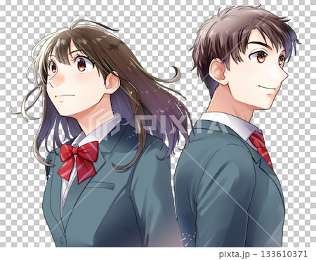 身穿綠色制服外套的男女學生背靠背站立的插圖[無背景] 133610371