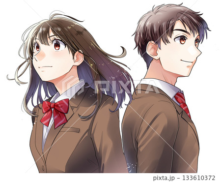 茶色の制服ブレザー・背中合わせの男女の学生のイラスト【背景なし】 133610372