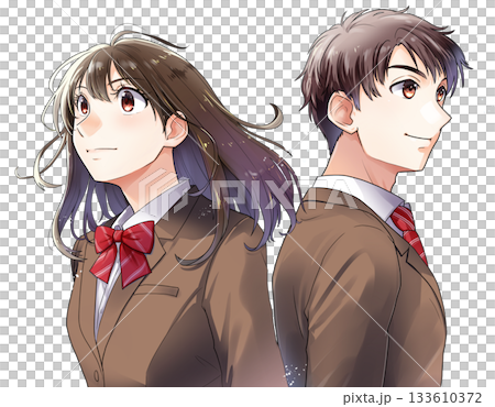 茶色の制服ブレザー・背中合わせの男女の学生のイラスト【背景なし】 133610372