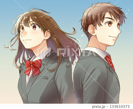 淡い朝焼け・夕焼けを背景に背中合わせの男女の学生のイラスト 133610373