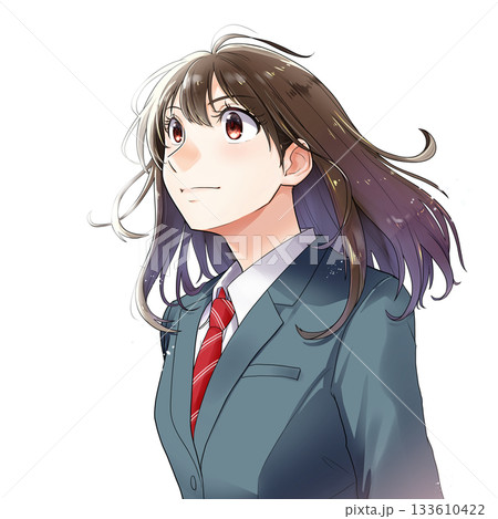 上を見上げる女学生のイラスト【緑色ブレザー、ネクタイ・背景なし】 上を見上げる女学生のイラスト【緑色ブレザー、ネクタイ・背景なし】 133610422