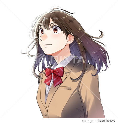 上を見上げる女学生のイラスト【黄土色ブレザー、リボン・背景なし】 上を見上げる女学生のイラスト【黄土色ブレザー、リボン・背景なし】 133610425
