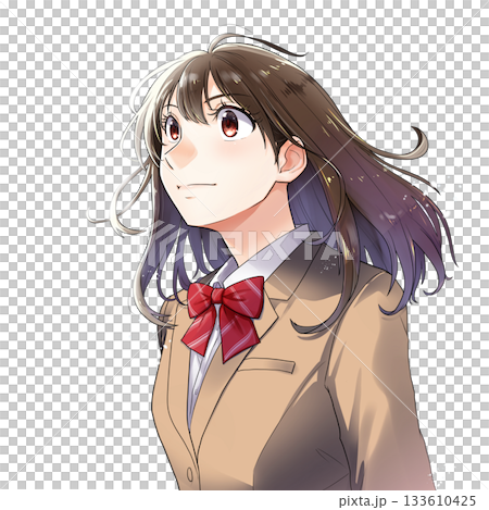 上を見上げる女学生のイラスト【黄土色ブレザー、リボン・背景なし】 上を見上げる女学生のイラスト【黄土色ブレザー、リボン・背景なし】 133610425