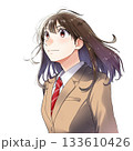 上を見上げる女学生のイラスト【黄土色ブレザー、ネクタイ・背景なし】 上を見上げる女学生のイラスト【黄土色ブレザー、ネクタイ・背景なし】 133610426