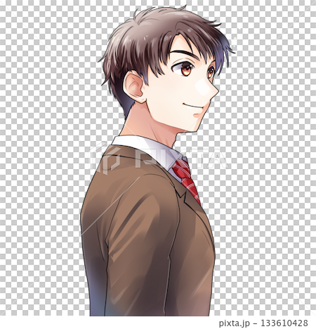 右向き斜め後ろ姿の男子学生・就活生・男性社会人のイラスト【茶色ジャケット・背景なし】 右向き斜め後ろ姿の男子学生・就活生・男性社会人のイラスト【茶色ジャケット・背景なし】 133610428