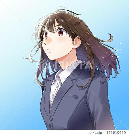 空の透き通った青い背景に上を見上げる女性就活生・OLのイラスト【紺色スーツ】 空の透き通った青い背景に上を見上げる女性就活生・OLのイラスト【紺色スーツ】 133610430