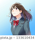 空の透き通った青い背景に上を見上げる女学生のイラスト【緑色ブレザー、リボン】 空の透き通った青い背景に上を見上げる女学生のイラスト【緑色ブレザー、リボン】 133610434