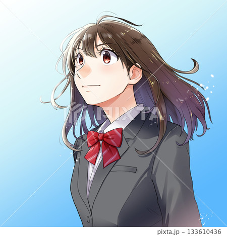 空の透き通った青い背景に上を見上げる女学生のイラスト【グレーのブレザー、リボン】 133610436